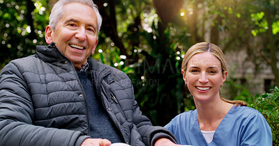 Buy stock photo Wheelchair, senior man and nurse in portrait at park for retirement, bonding or wellness rehabilitation. People, smile and happy in nature for healthcare, disability or mobility aid and support