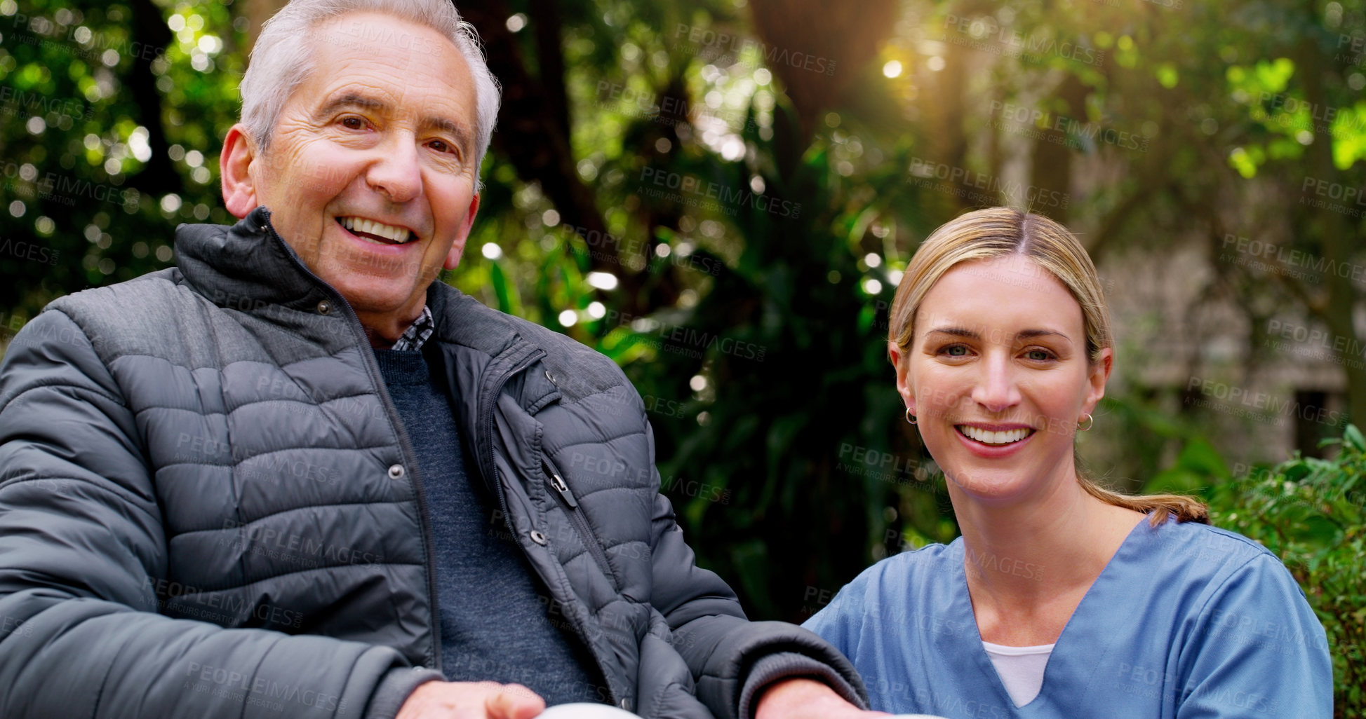 Buy stock photo Wheelchair, senior man and nurse in portrait at park for retirement, bonding or wellness rehabilitation. People, smile and happy in nature for healthcare, disability or mobility aid and support