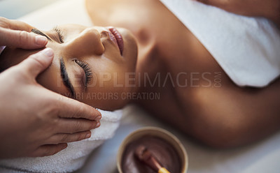 Buy stock photo Woman, hands and face massage at spa in relax for skincare beauty treatment on bed at resort. Calm female relaxing with eyes closed or resting in physical therapy, healthy wellness or cosmetic facial