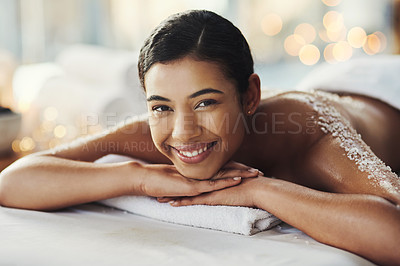 Buy stock photo Happy woman, face and portrait at spa for massage, skincare or beauty in relax body treatment. Calm female lying in relaxation on bed with smile for back exfoliation, zen therapy or wellness at salon