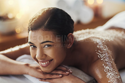 Buy stock photo Happy woman, face and portrait at spa for back massage, skincare or beauty in body treatment. Calm female lying on bed in relax with smile for exfoliation, zen or physical therapy wellness at salon