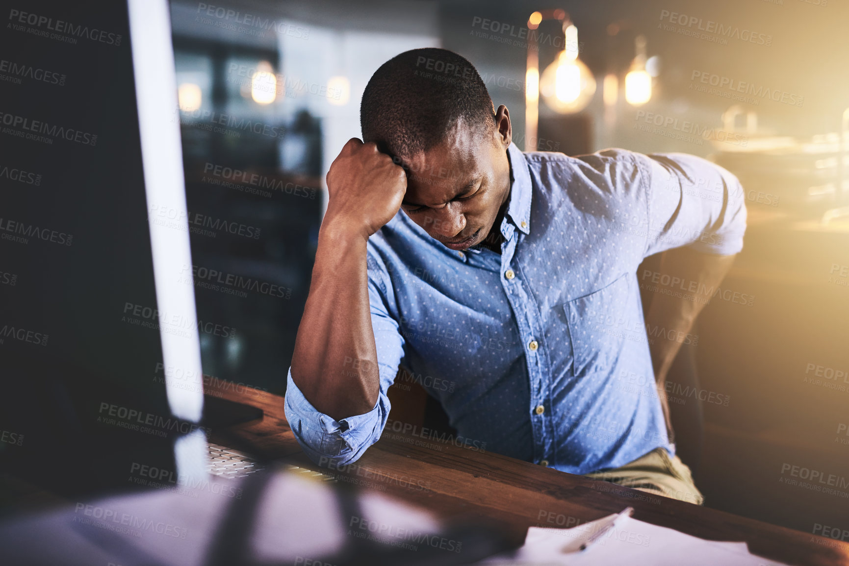 Buy stock photo Black man with back pain, night at office and stress with injury, health problem and burnout from overtime. Male business person work late, backache and medical emergency, bad posture and overworked