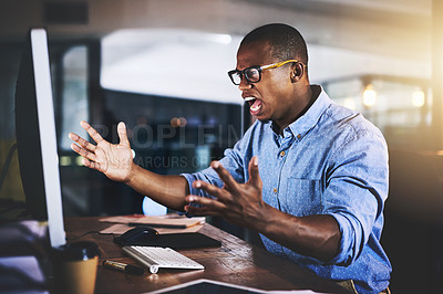 Buy stock photo African man in business, night and angry with computer glitch, stress with software problem and mistake. Male developer with anger, connection issue and working late, frustrated with 404 and crisis