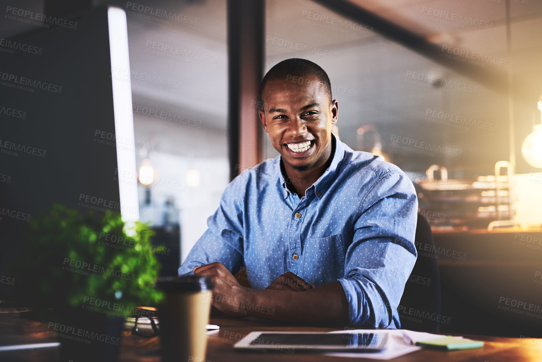 Buy stock photo African, businessman and tech in portrait in office as corporate communication specialist at night. Male person, working late and computer for connection, internet or company as professional in Kenya