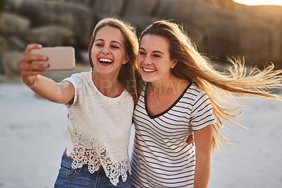 Buy stock photo Selfie, friends or happy on beach for travel, holiday or making memories at reunion. Women, vacation or smile for photography with wind, hug or excited at ocean for relationship development in Miami