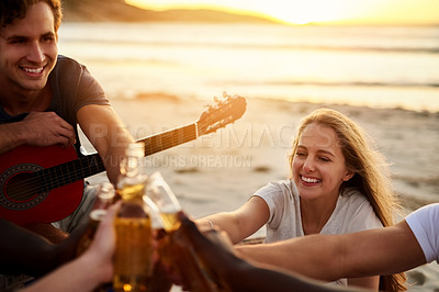 Buy stock photo People, friends and alcohol for picnic or social by beach on holiday, vacation or break. Group, toast and fun with bonding together for summer season, wellness or outdoor adventure by ocean in Greece