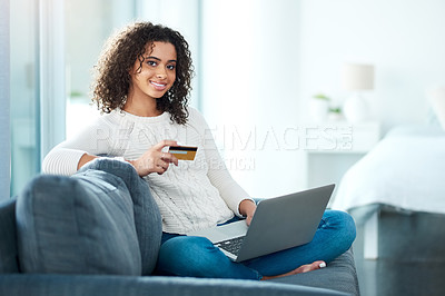 Buy stock photo Relax, portrait and woman with credit card and laptop for online movie website subscription. Membership, computer and person with payment for home security service upgrade on banking app in house.