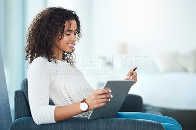 Buy stock photo Home, research and woman with credit card and tablet for payment of student loan with banking app. Digital technology, sofa and female person with online debit transaction for university tuition fees