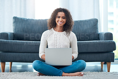 Buy stock photo Laptop, happy woman or portrait of student in home typing online for remote or distance learning on web. Smile, assessment task or girl on floor for university project, studying or college research