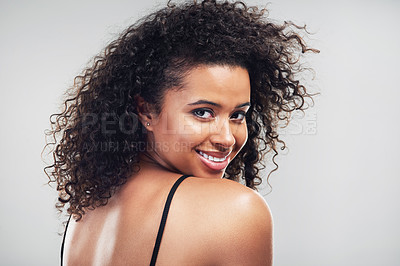 Buy stock photo Portrait, woman and beauty for hair or skincare, studio and cosmetic on white background. Curly, cosmetology and facial treatment with collagen for model person, smile or texture for haircare