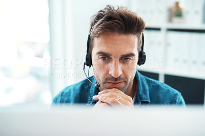 Buy stock photo Listening, headset and man with mic, laptop and consultation for help in agency and customer service. Advisor, connect and call center in home office, communication and operator for telemarketing