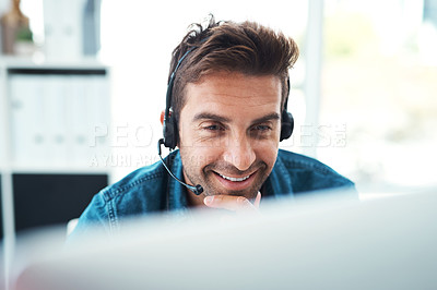 Buy stock photo Smile, online and man with headset, laptop and consultation for talking in agency and customer service. Advisor, connect and call center in home office, communication and operator for telemarketing