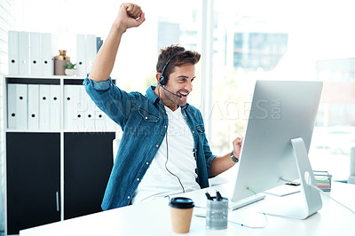 Buy stock photo Celebration, call center and man with headset, computer and consultation for talking in agency and customer service. Desk, connect and winner in office, communication and bonus for telemarketing