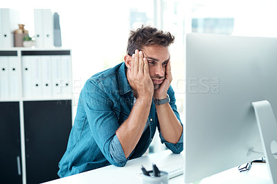 Buy stock photo Frustrated, tired and man with stress in office and virtual assistant in agency and customer service. Advisor, connection and info with computer, communication and online for business for person