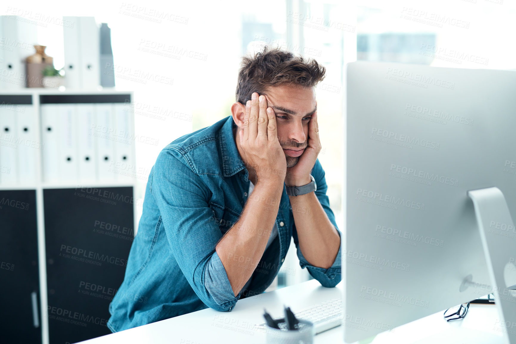 Buy stock photo Frustrated, tired and man with stress in office and virtual assistant in agency and customer service. Advisor, connection and info with computer, communication and online for business for person