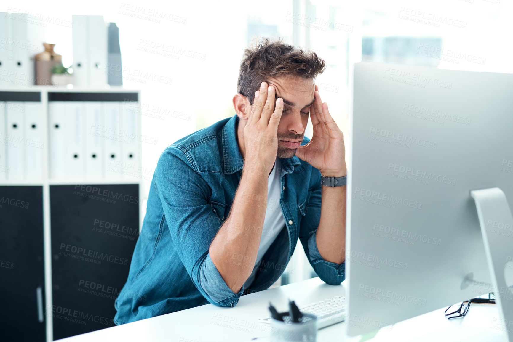 Buy stock photo Computer, tired and man in office, stress and virtual assistant for helping in agency and customer service. Advisor, connection and online for info, communication and operator for business for person