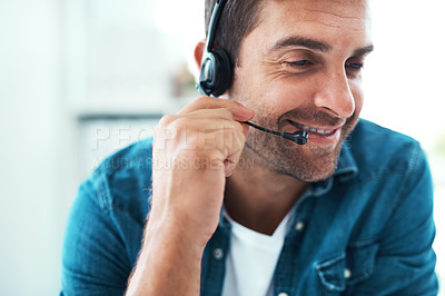 Buy stock photo Talking, headset and man in office, smile and consultation in for help in agency and customer service. Advisor, connect and call center with mic, communication or operator for telemarketing of person