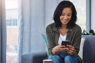 Buy stock photo Happy woman, scroll and cellphone on couch for social media, reading and streaming in home. Blog, smile and female person in living room or lounge for connection, chat and mobile app for networking