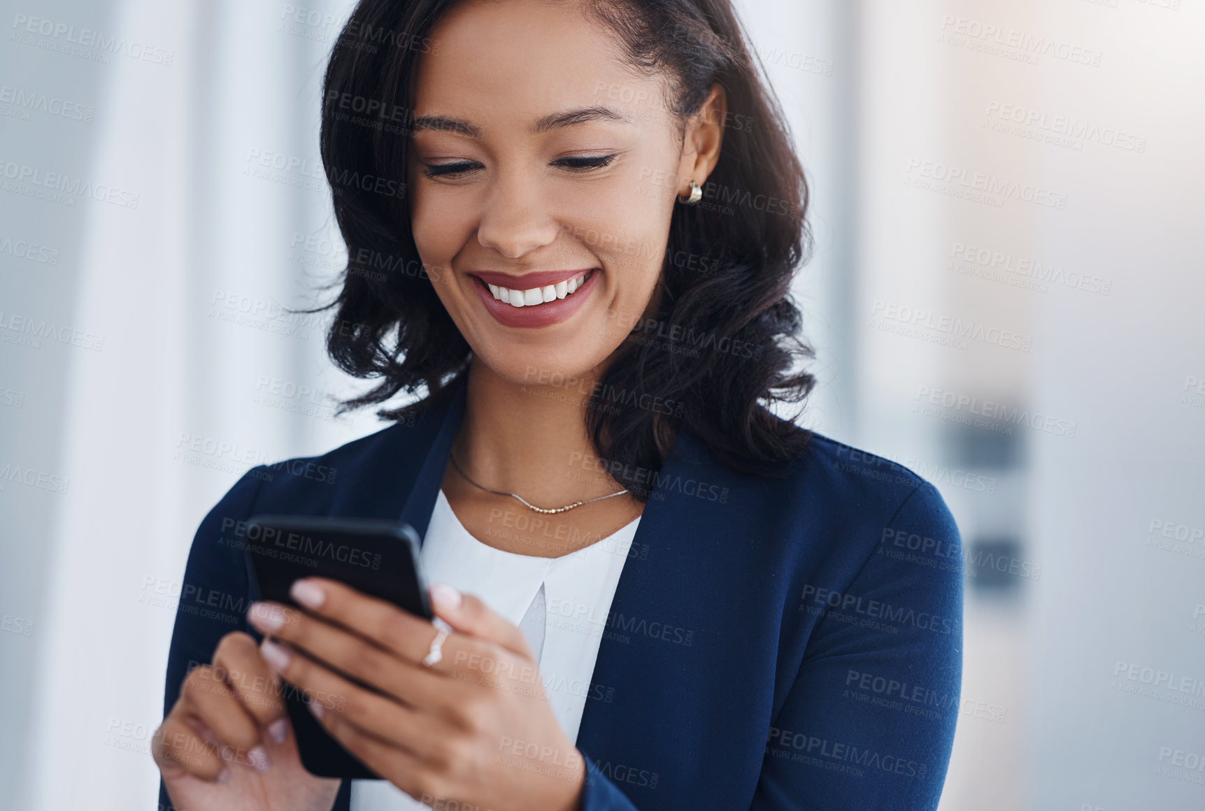 Buy stock photo Happy, employee or woman with a cellphone, mobile app or connection with social media, chatting or check emails. Female person, consultant or entrepreneur with smartphone or search website for info