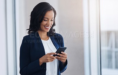 Buy stock photo Entrepreneur, smile and woman with a smartphone, typing or connection with text message, check emails or chatting. Female person, employee or consultant with a cellphone, mobile app or online reading
