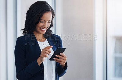 Buy stock photo Entrepreneur, business and woman with a cellphone, funny and mobile app for social media, texting and humor. Female person, consultant and happy girl with a smartphone, laughing and online reading