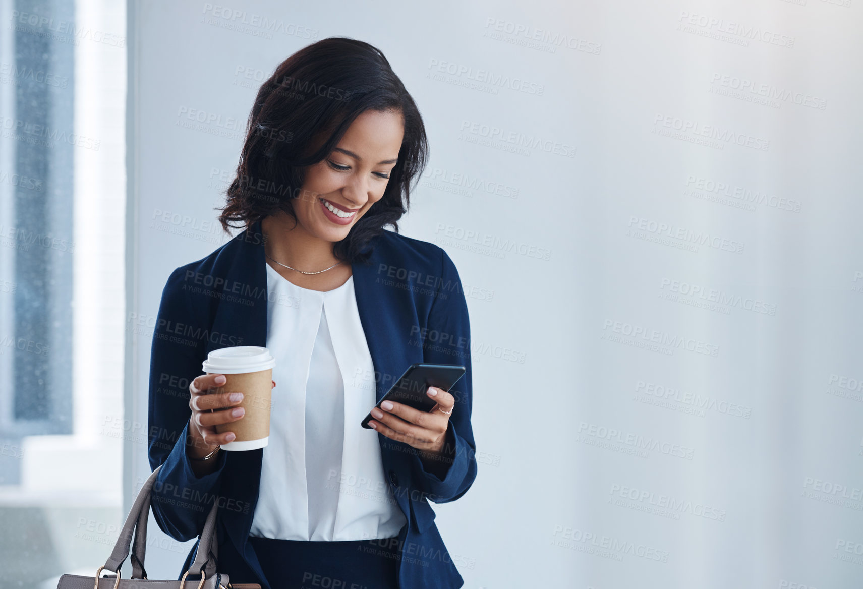 Buy stock photo Coffee, lawyer or happy woman in office with phone, smile or connection for text message, news or chat. Drink, web or legal consultant typing on mobile app for reading article or planning schedule