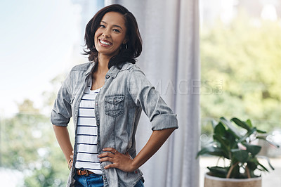 Buy stock photo Portrait of a young woman relaxing at home