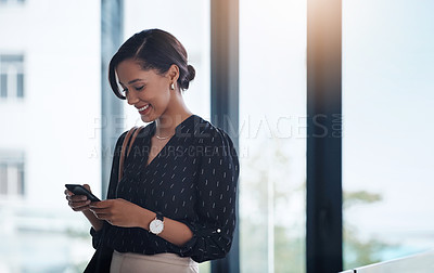 Buy stock photo Business, smile or woman with a cellphone, connection or typing with social media, texting or sms in a workplace. Female person, employee or entrepreneur with a smartphone or search internet for info