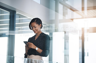 Buy stock photo Business, smile and woman with a smartphone, typing and connection for social media, texting and communication. Female person, employee and consultant with a cellphone, contact and search internet