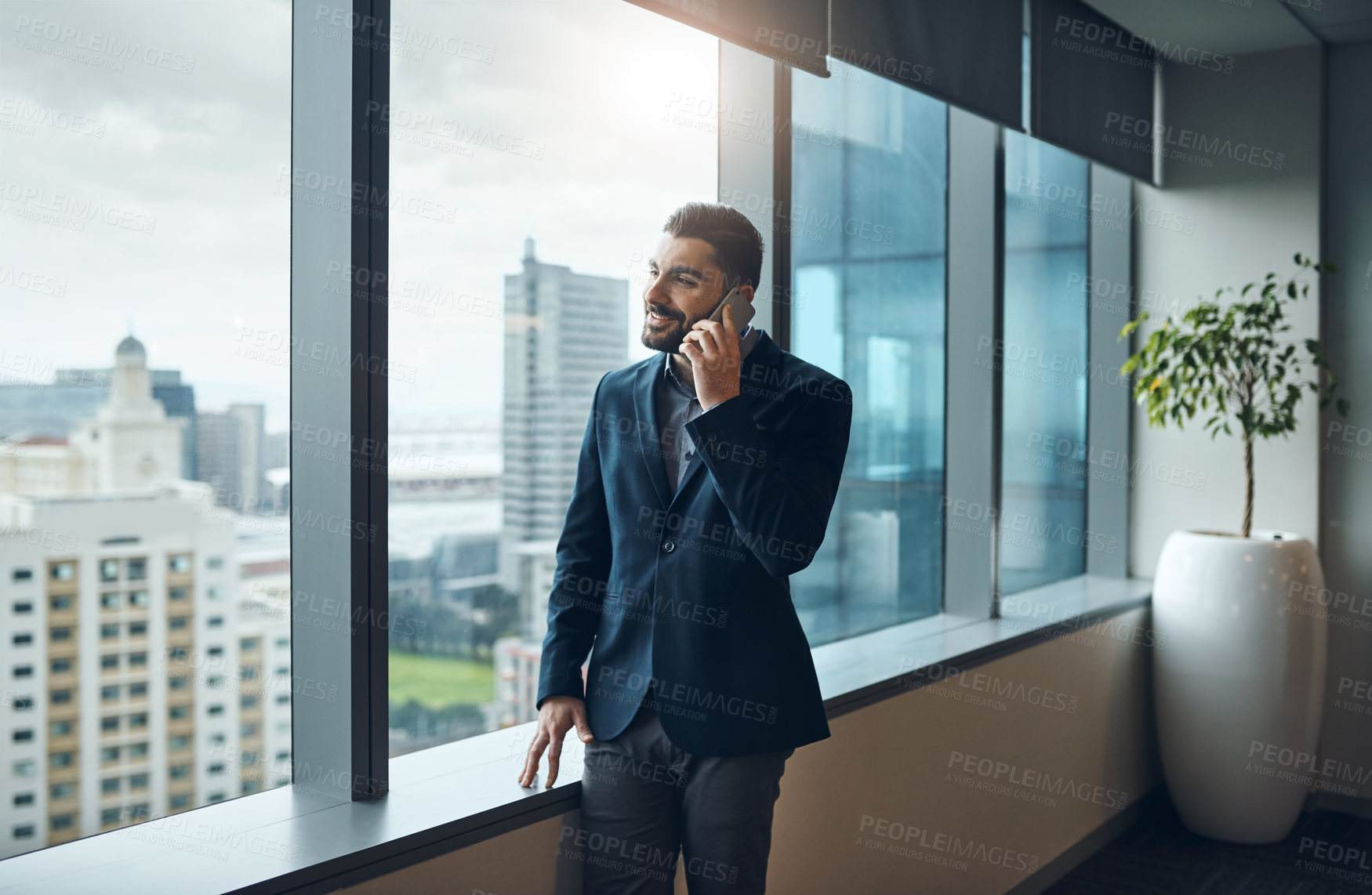 Buy stock photo Office, talking and businessman by window for phone call, thinking and networking with client for court case. Career, male person and lawyer with mobile for justice, legal advice and corporate law