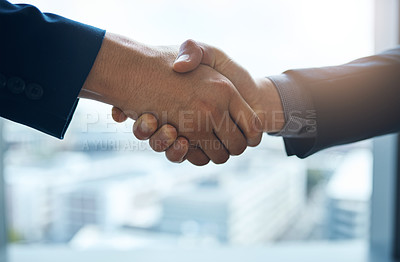 Buy stock photo Handshake, partnership and interview with business men in the office for agreement, deal or company merger. Meeting, b2b or welcome with people greeting at work in collaboration or to say thank you