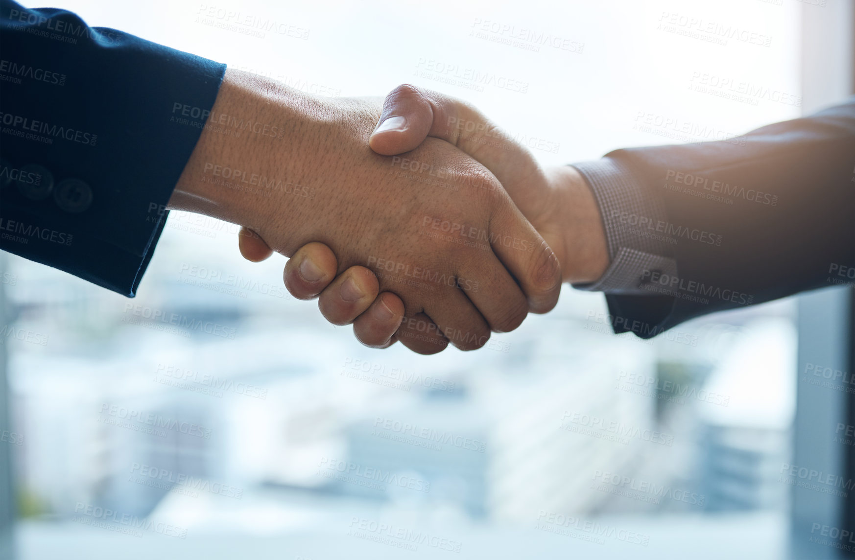 Buy stock photo Handshake, partnership and interview with business men in the office for agreement, deal or company merger. Meeting, b2b or welcome with people greeting at work in collaboration or to say thank you