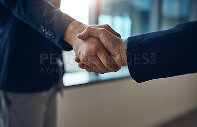 Buy stock photo Handshake, welcome and b2b with business men in the office for agreement, deal or company merger. Meeting, interview or partnership with people greeting at work in collaboration or to say thank you