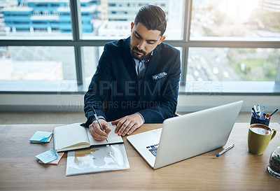 Buy stock photo Computer, notebook and business man in office for financial analysis, company review and data analytics. Corporate, consultant and person writing notes on laptop for research, website and report