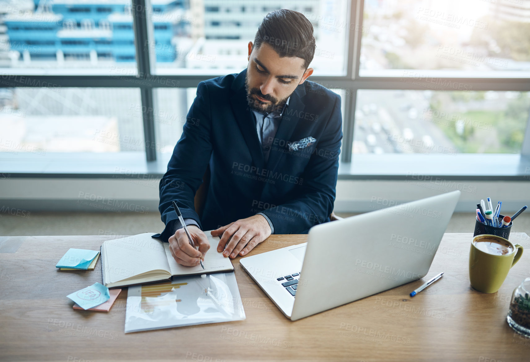 Buy stock photo Computer, notebook and business man in office for financial analysis, company review and data analytics. Corporate, consultant and person writing notes on laptop for research, website and report