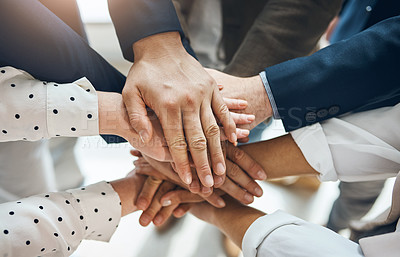 Buy stock photo Business people, collaboration and hand stack in office for support, workplace trust and solidarity. Staff, diversity and palm huddle for team building with community, agreement and celebrate goal