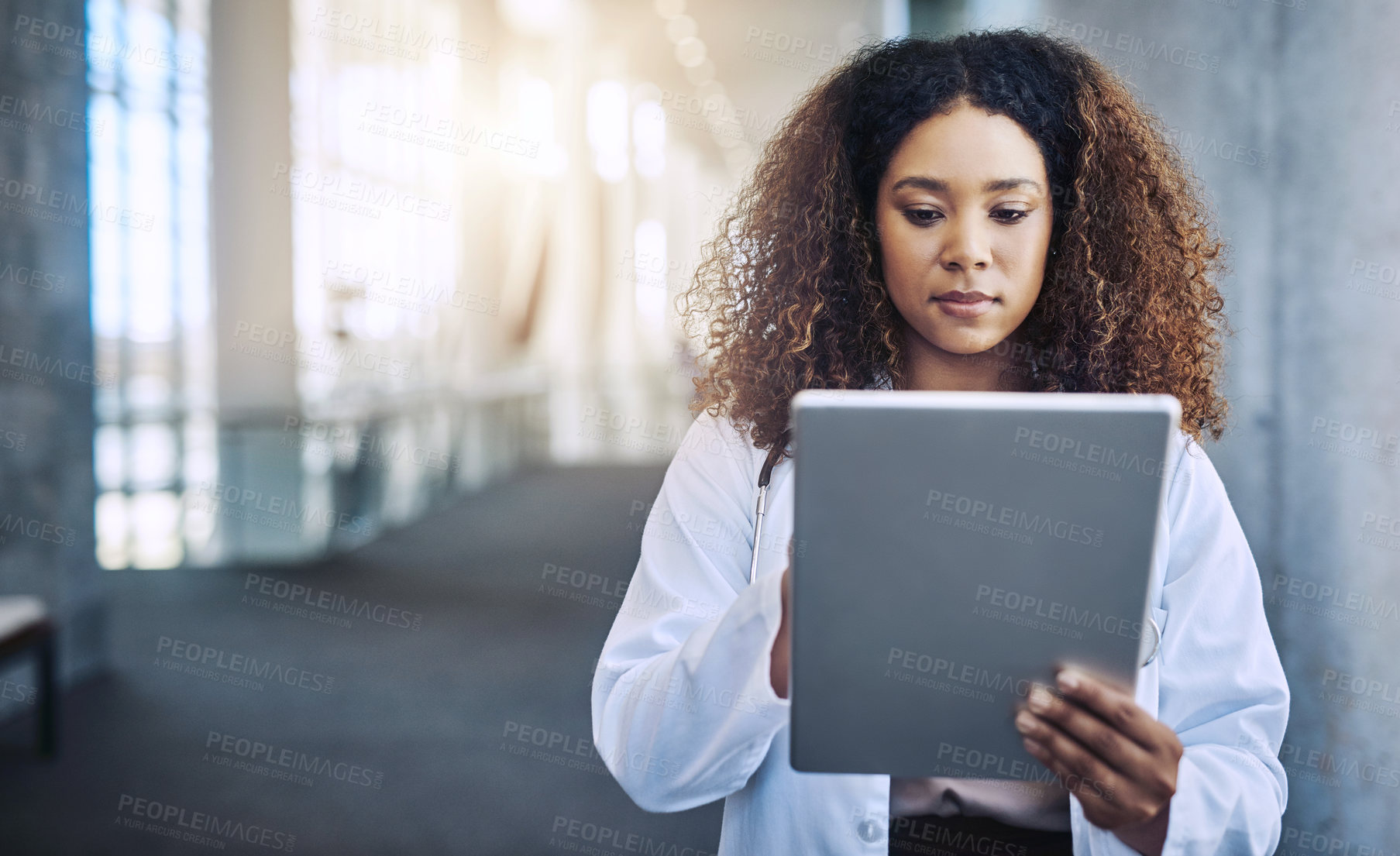 Buy stock photo Doctor, tablet and woman in healthcare hospital for diagnosis, reading medical records or research. Health, technology and wellness with serious medicine professional in clinic for info or insurance