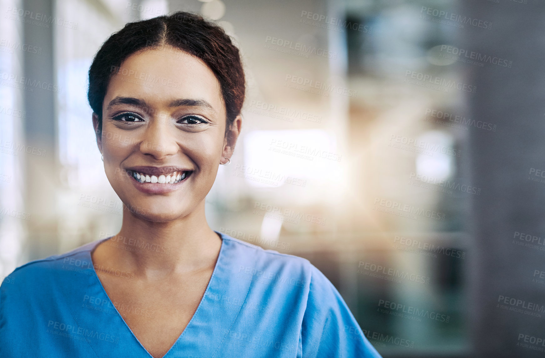 Buy stock photo Smile, woman and portrait of nurse in hospital for medical career with growth, positive and confident attitude. Happy, pride and female healthcare worker in nursing internship at clinic in Colombia.