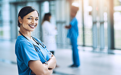 Buy stock photo Smile, crossed arms and nurse in hospital for medical career with growth, positive and confident attitude. Portrait, pride and professional female healthcare worker in nursing internship at clinic.