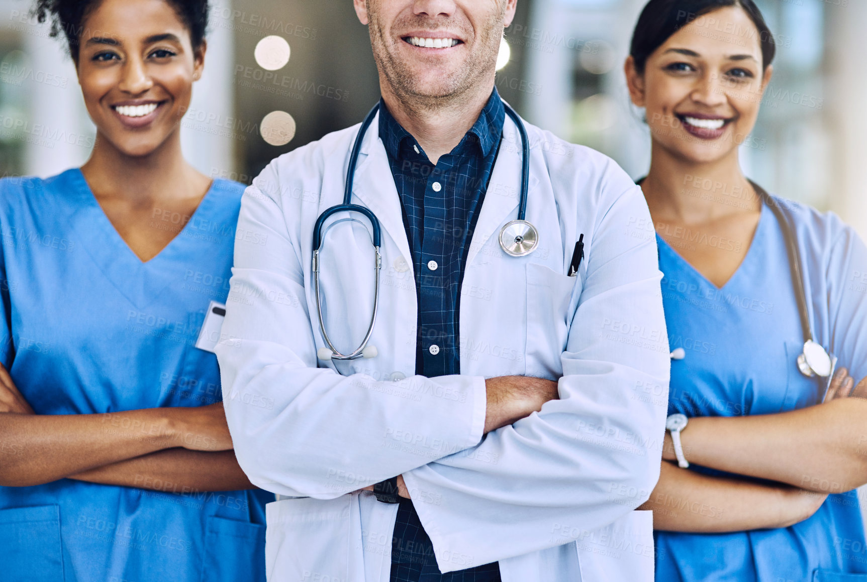 Buy stock photo Medical, team and arms crossed in hospital, portrait and support or collaboration for medicine. Doctor, confident and proud of healthcare treatment or diagnosis, nurses and together for solidarity