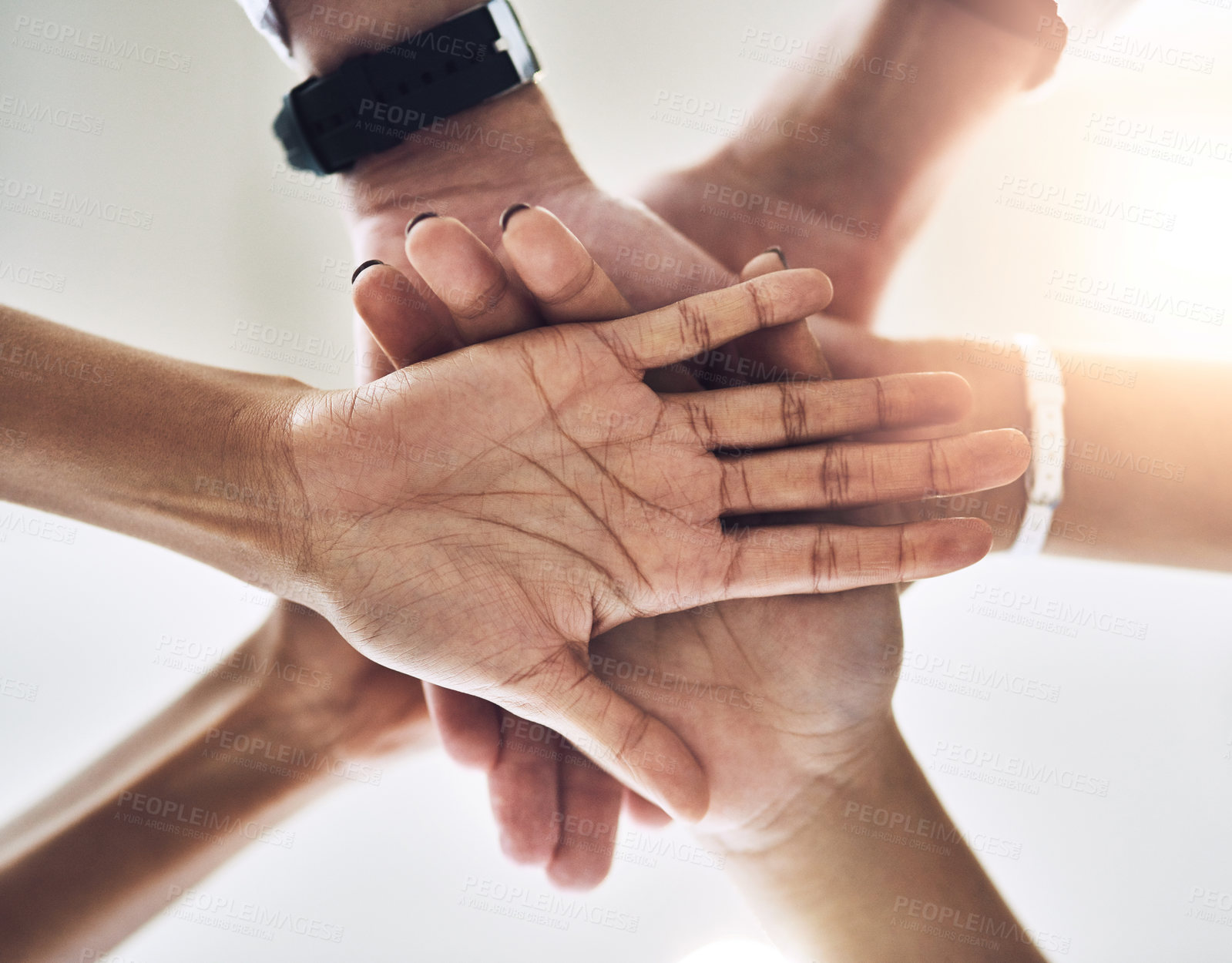 Buy stock photo Below, medical and hands stacked in hospital for teamwork support, solidarity and collaboration of healthcare growth. Mission, people and deal, trust and synergy together for clinic cooperation