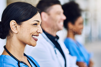 Buy stock photo Medical, team and confident in hospital, help and support or collaboration for medicine. Doctor, profile and proud of healthcare treatment or diagnosis, nurses and together for solidarity in clinic