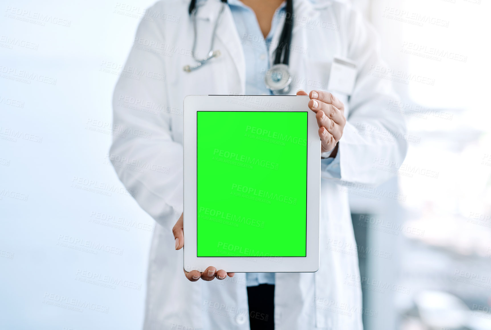 Buy stock photo Green screen, tablet and doctor hands in hospital with medical research, telehealth and care. Person, mockup and pharmacist with advice and professional digital information on wellness app in clinic