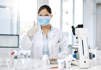 Buy stock photo Science, woman and portrait with thumbs up in lab for pharmaceutical treatment success and breakthrough. Professional, worker and satisfaction with scientist development and yes to chemical safety