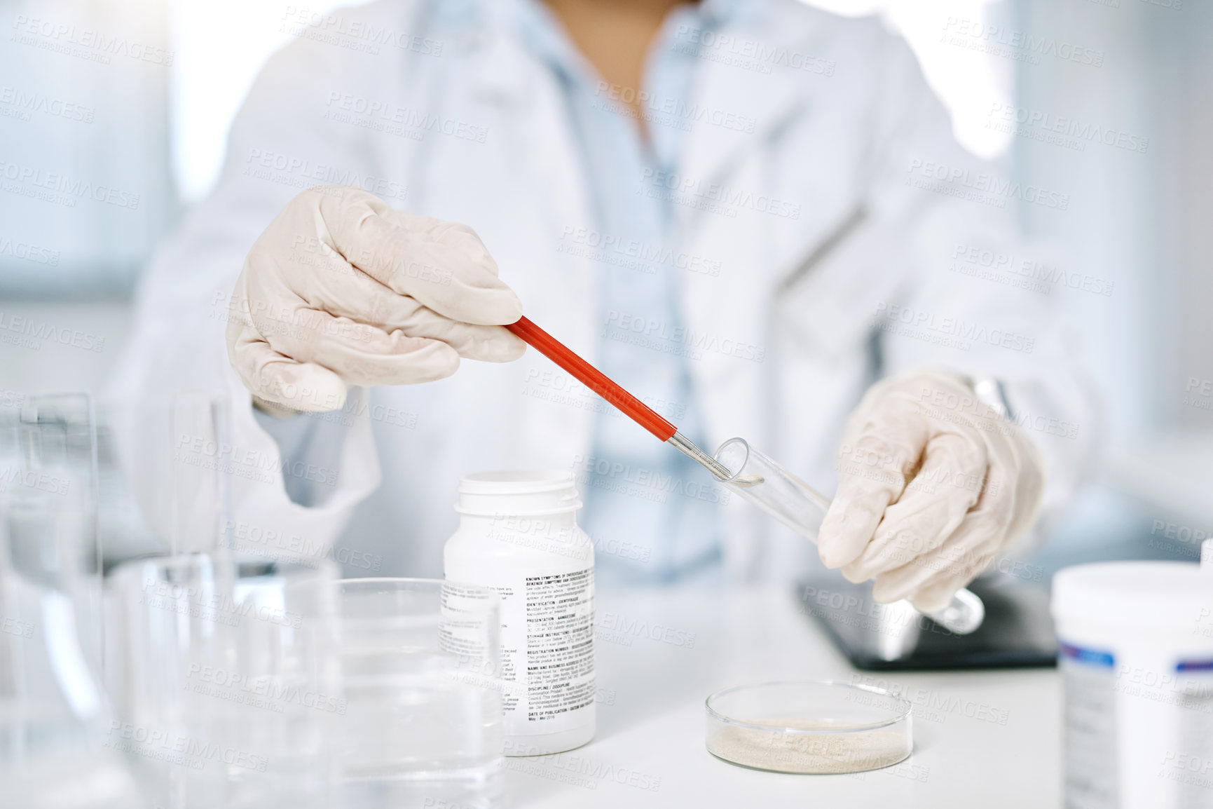 Buy stock photo Lab, pipette and hands of scientist with test tube, solution and pharmaceutical vaccine development. Healthcare, science and person checking medical drugs for research, process or study in clinic.