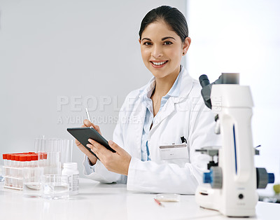 Buy stock photo Science, lab and portrait of woman with tablet, research study or pharmaceutical vaccine development. Healthcare, innovation and scientist with digital app for medical results, process and analysis