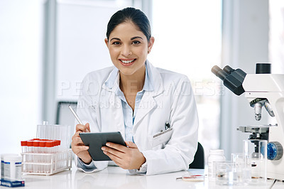 Buy stock photo Science, lab and portrait of happy woman with tablet, research or pharmaceutical vaccine development. Healthcare, innovation and scientist with digital app for medical results, process and analysis