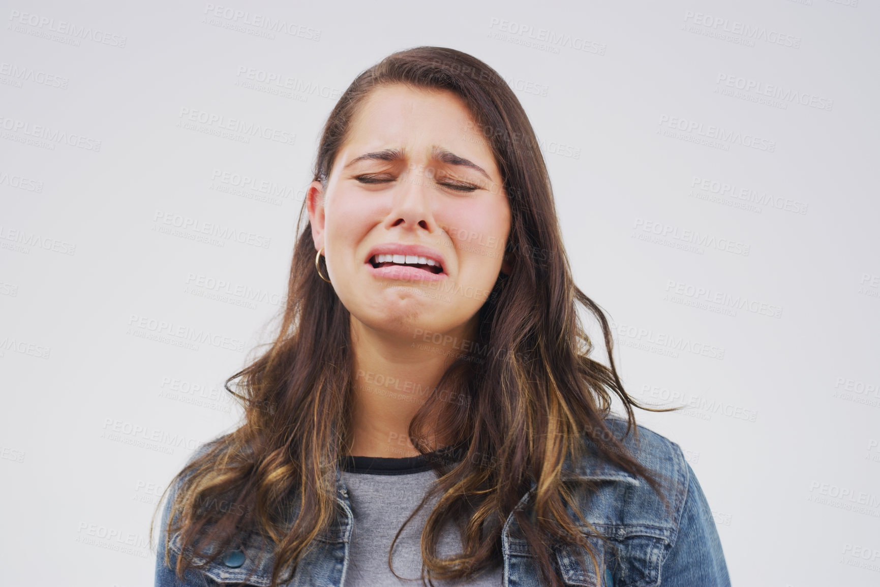 Buy stock photo Depression, stress and woman crying in studio with fear, mistake or mental health crisis on white background. Anxiety, broken heart or sad model frustrated by conflict trauma, disaster for self doubt