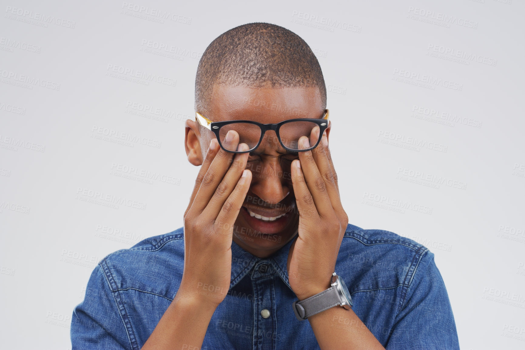 Buy stock photo Crying, scared or sad black man in studio with depression, crisis or broken heart on grey background. Pain, sorrow and emotional guy frustrated by stress, anxiety and grief with loss and bad news 