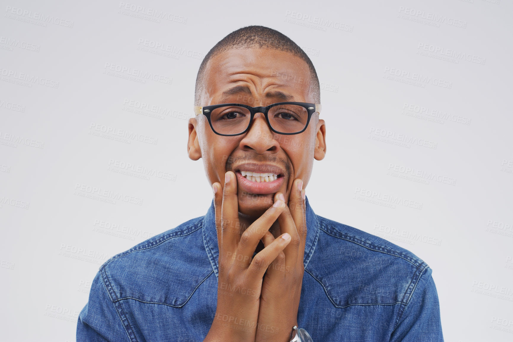 Buy stock photo Crying, portrait and sad black man in studio with depression, crisis and broken heart on grey background. Pain, sorrow and emotional guy frustrated by stress, anxiety and grief with loss and bad news